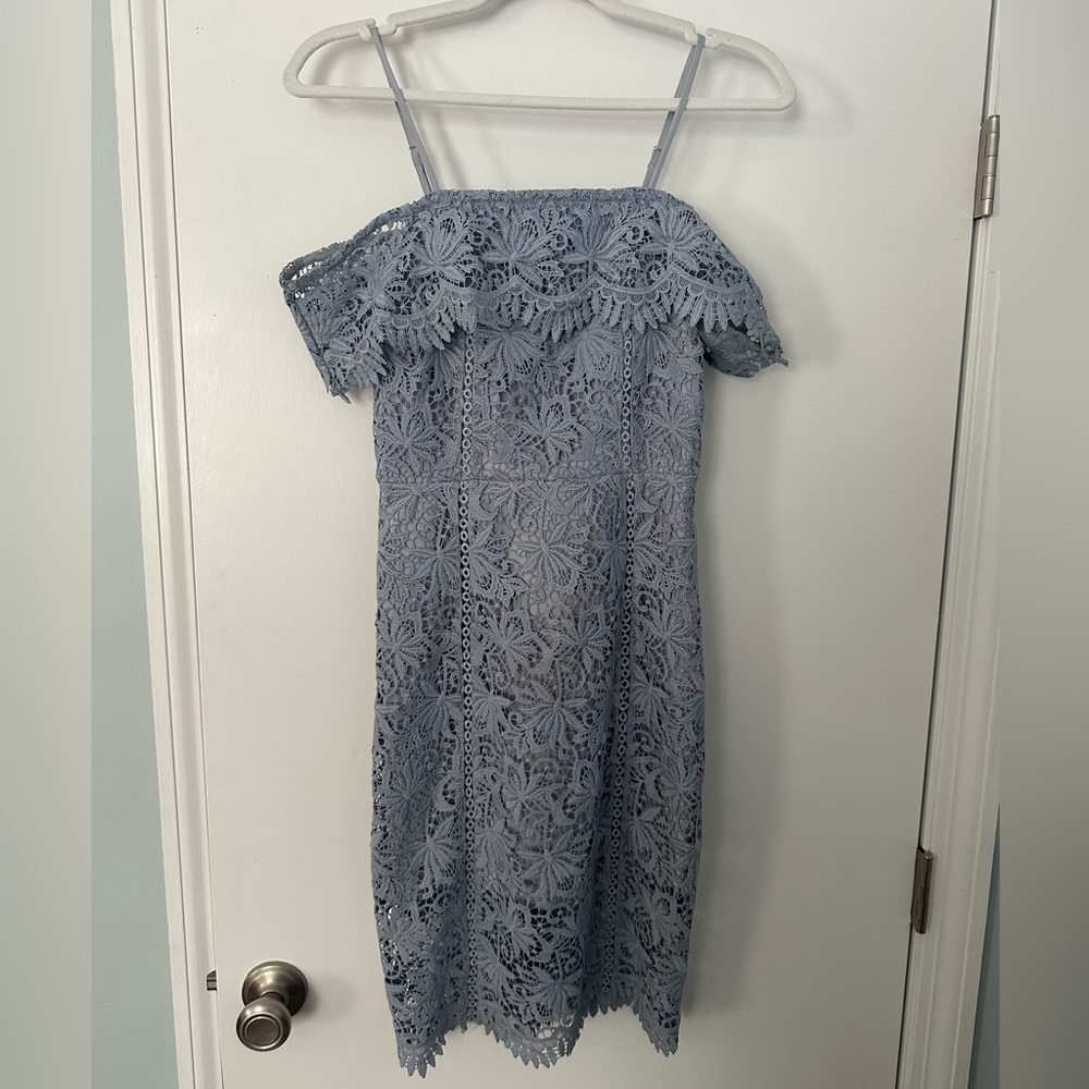 J.O.A. Off-Shoulder Lace Midi Dress in Soft Blue
